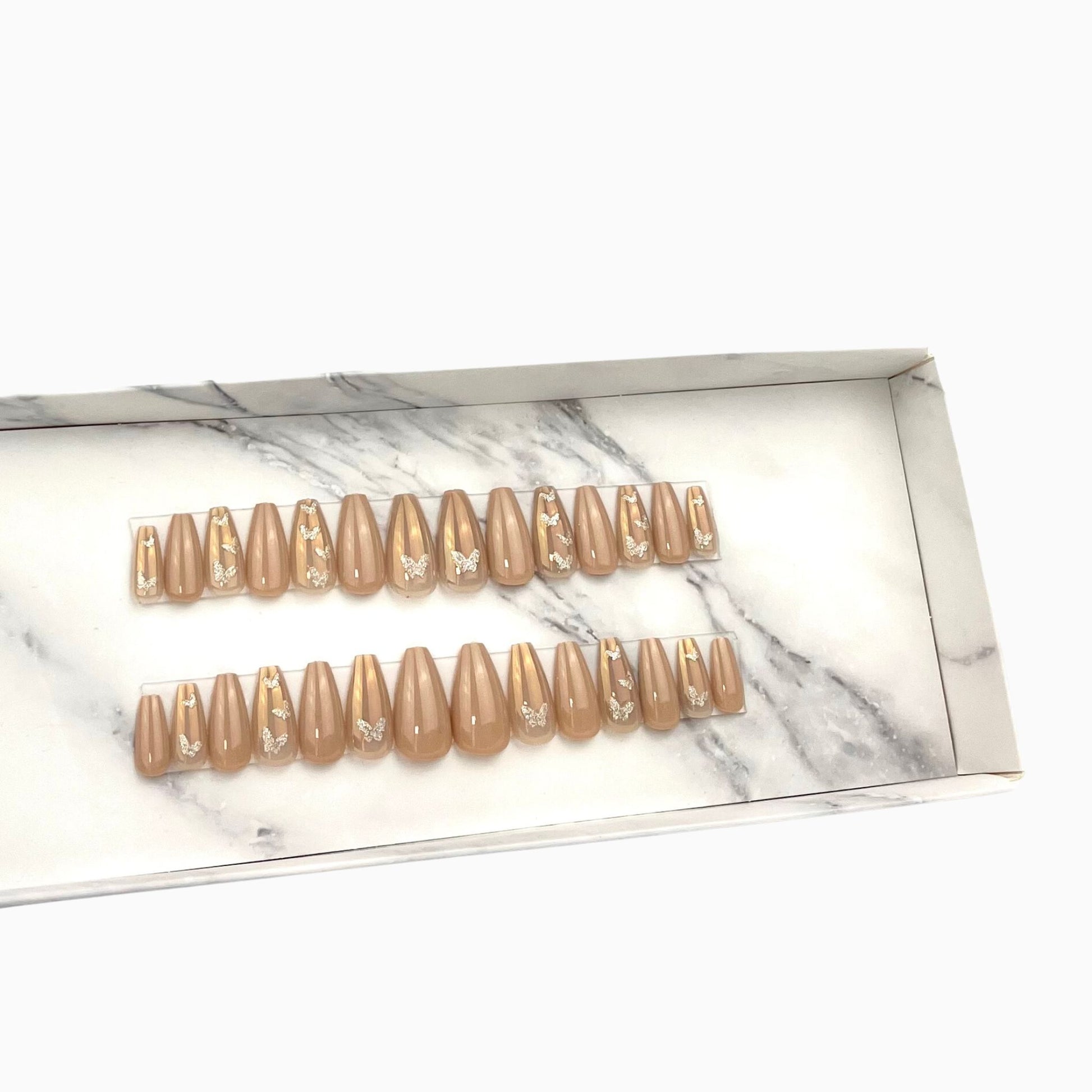 Brown butterfly long press-on nails tekokynnet