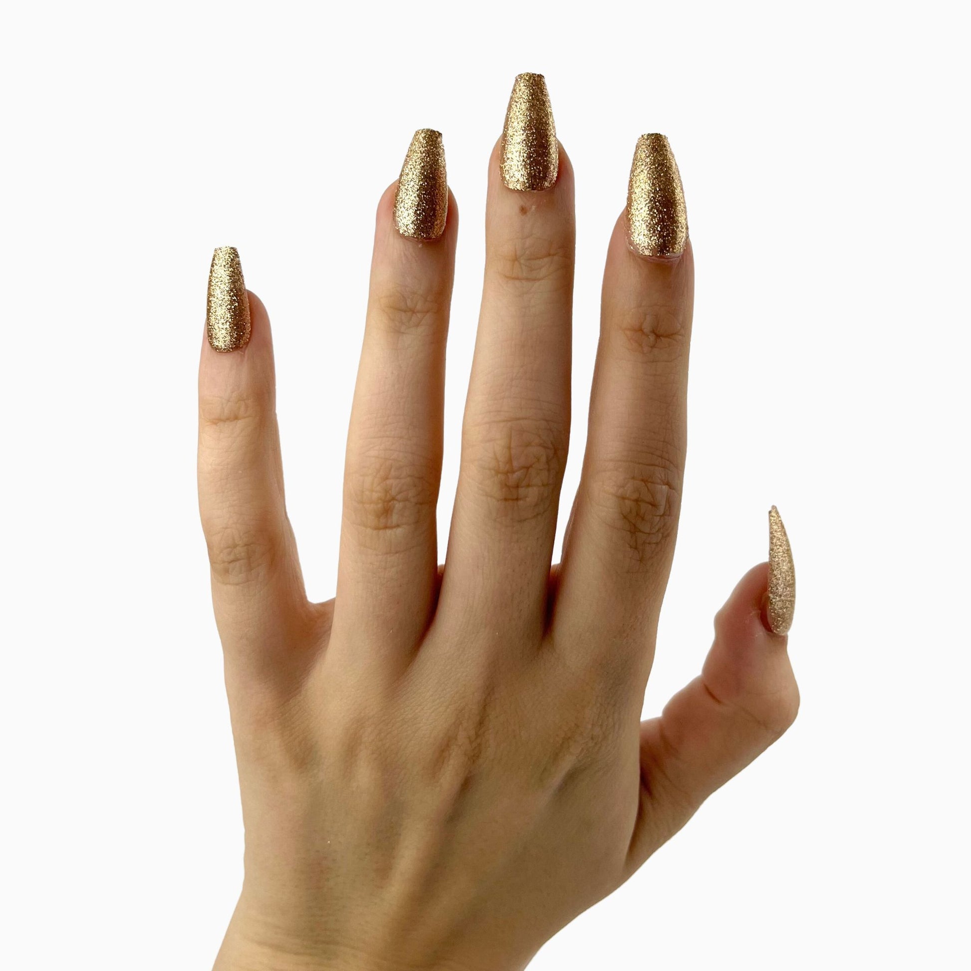 gold glitter long coffin press-on nails tekokynnet