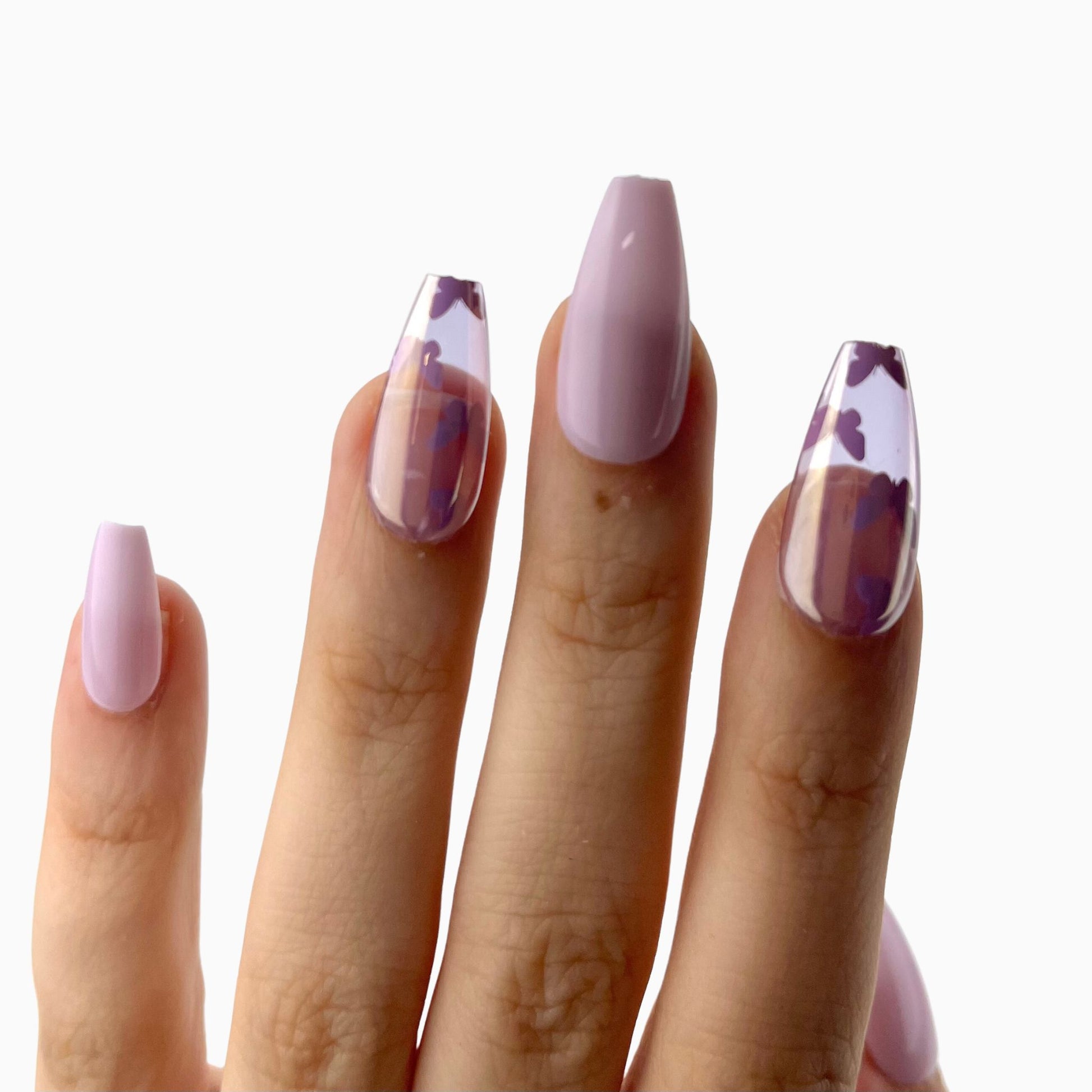 Purple violet butterfly coffin long press-on nails tekokynnet