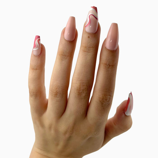 Trendy pink swirl long press-on nails tekokynnet