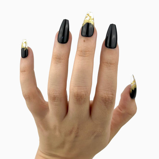 fake nails, long black and gold coffin press on nails, gift for her